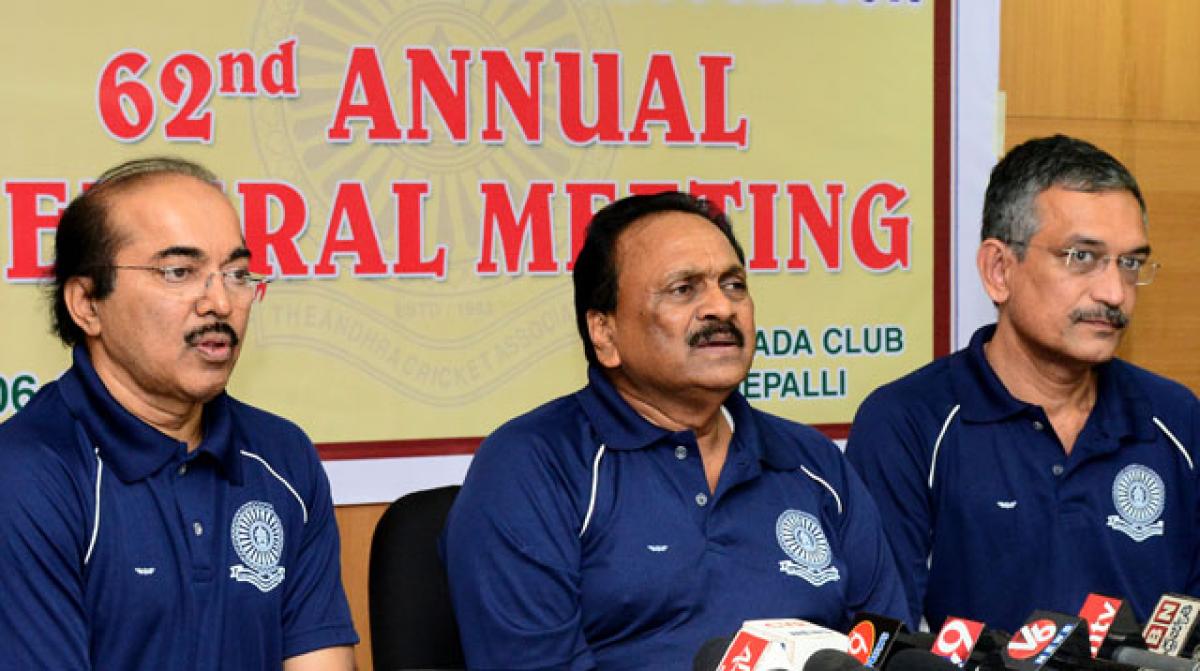 ACA general secretary Gokaraju Ganga Raju (centre), president DVSS Somayajulu (right) and joint secretary Ch Arun Kumar addressing a gathering in the city on Friday